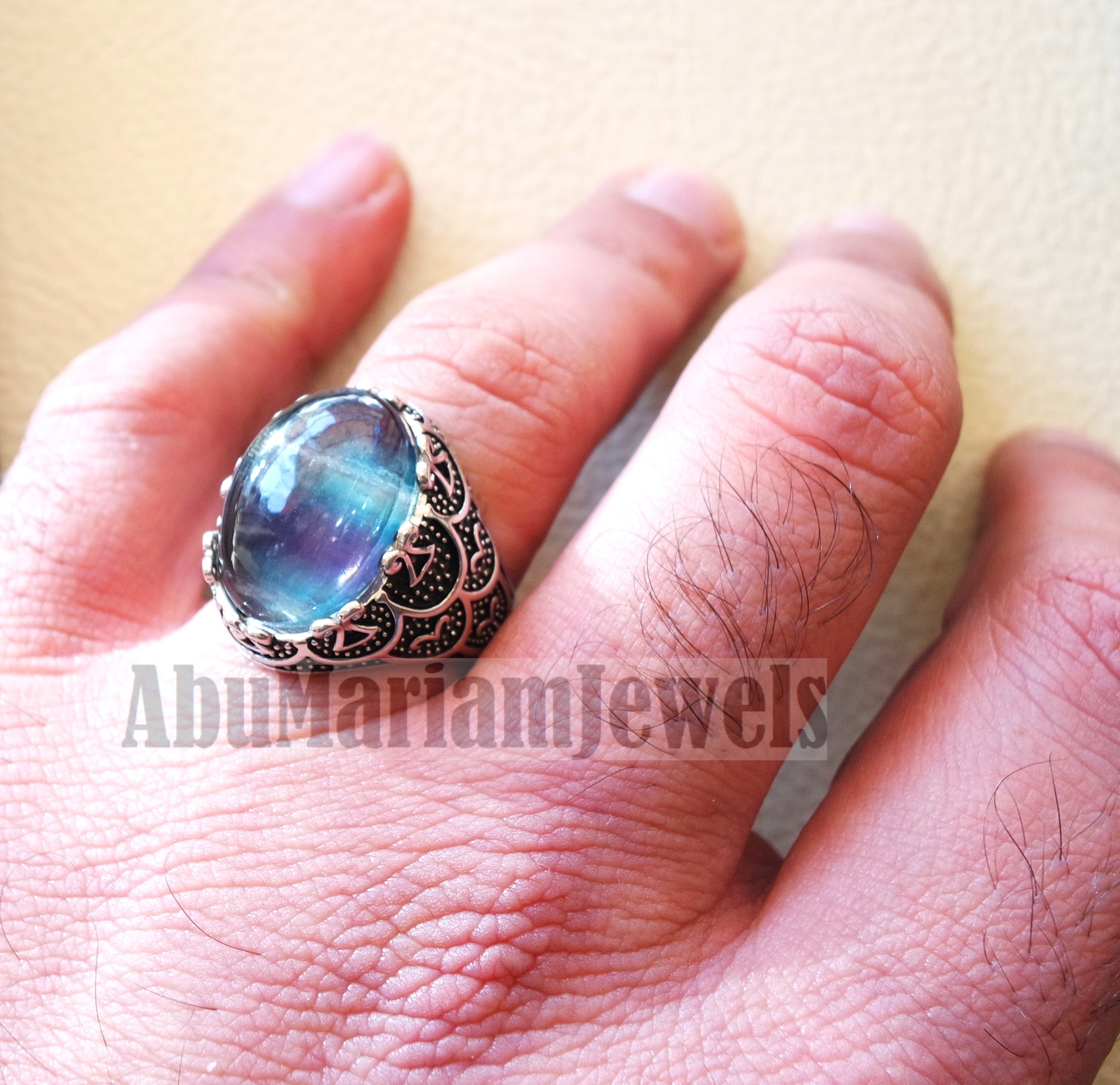 natural multi color fluorite purple blue green men ring sterling silver 925 unique stone all sizes jewelry fast shipping oxidized style