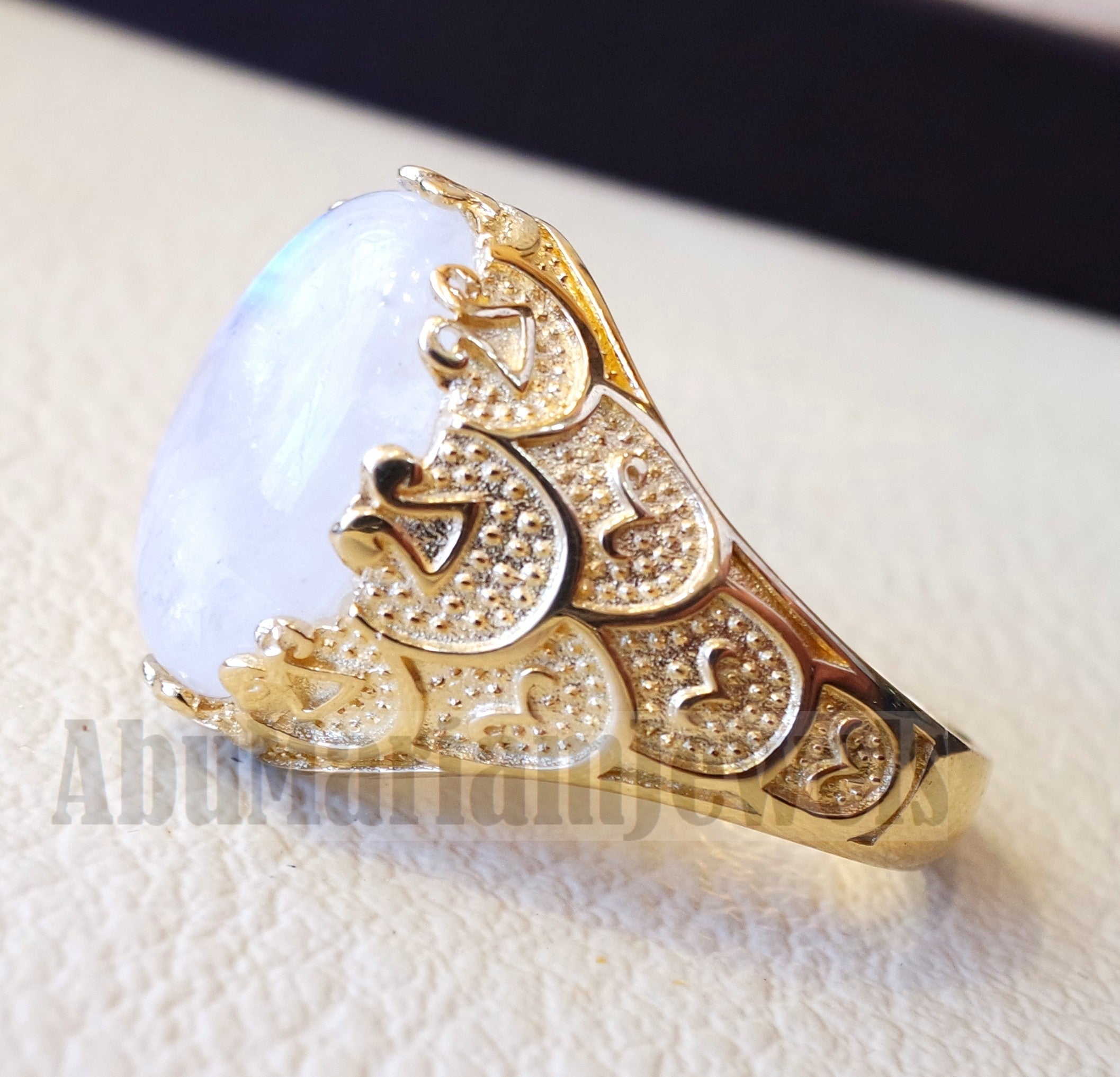 18k gold men ring moonstone energy stone high quality flashy white natural stone all sizes Ottoman signet style fine jewelry fast shipping