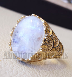 18k gold men ring moonstone energy stone high quality flashy white natural stone all sizes Ottoman signet style fine jewelry fast shipping