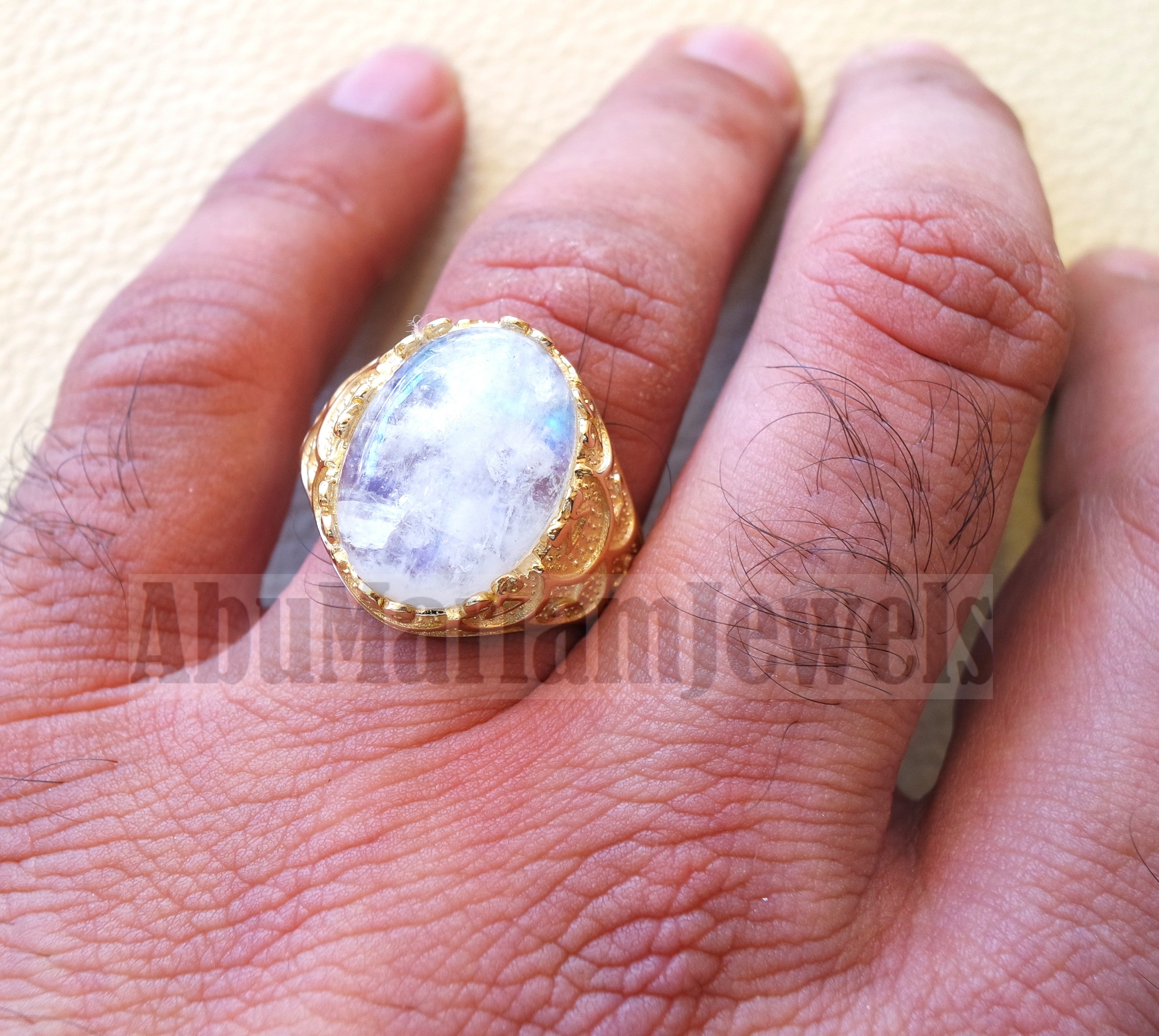 18k gold men ring moonstone energy stone high quality flashy white natural stone all sizes Ottoman signet style fine jewelry fast shipping