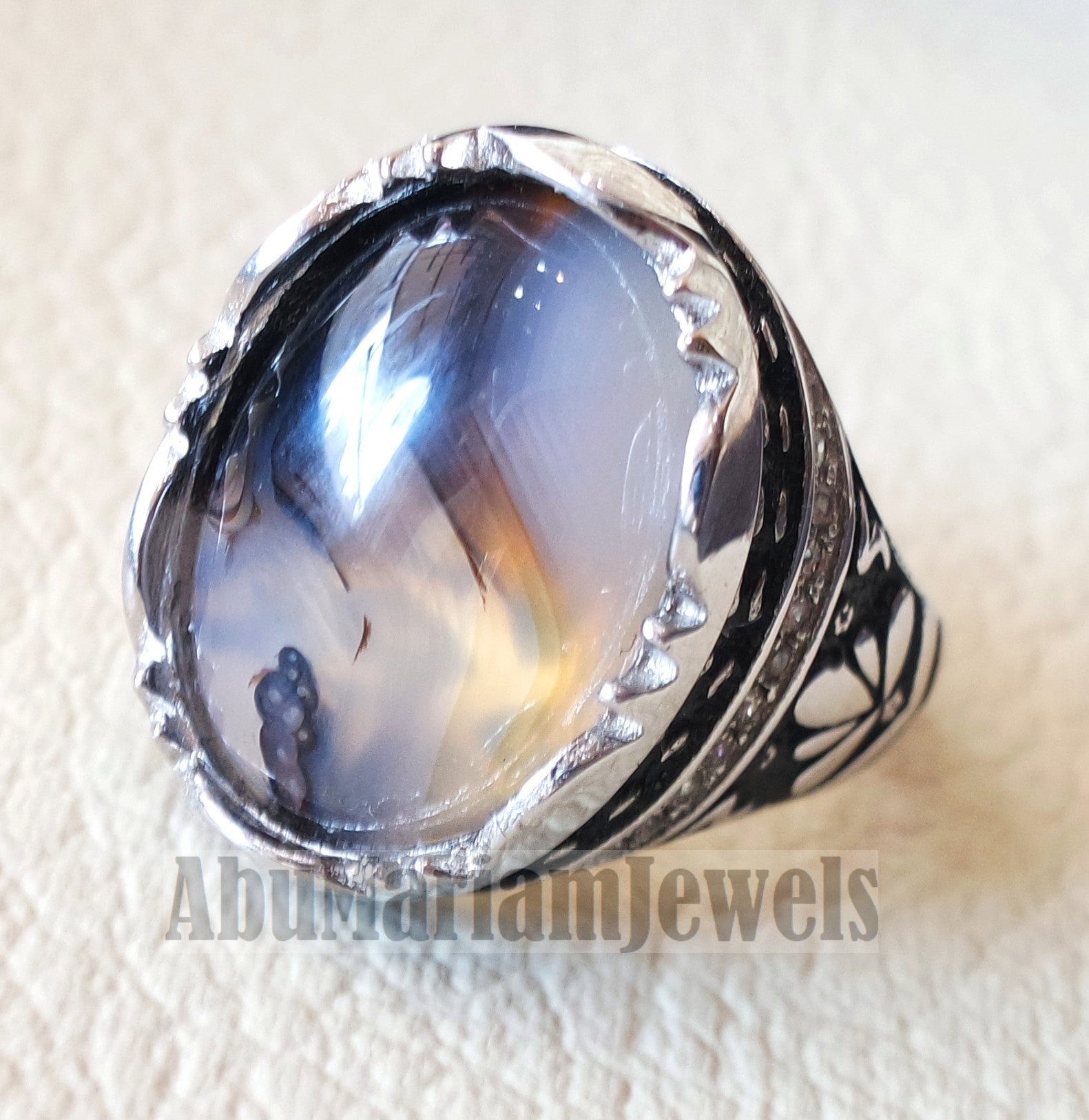 oval yamani aqeeq natural semi precious multi color agate gem men ring sterling silver 925 and cubic zirconia jewelry all sizes عقيق يماني