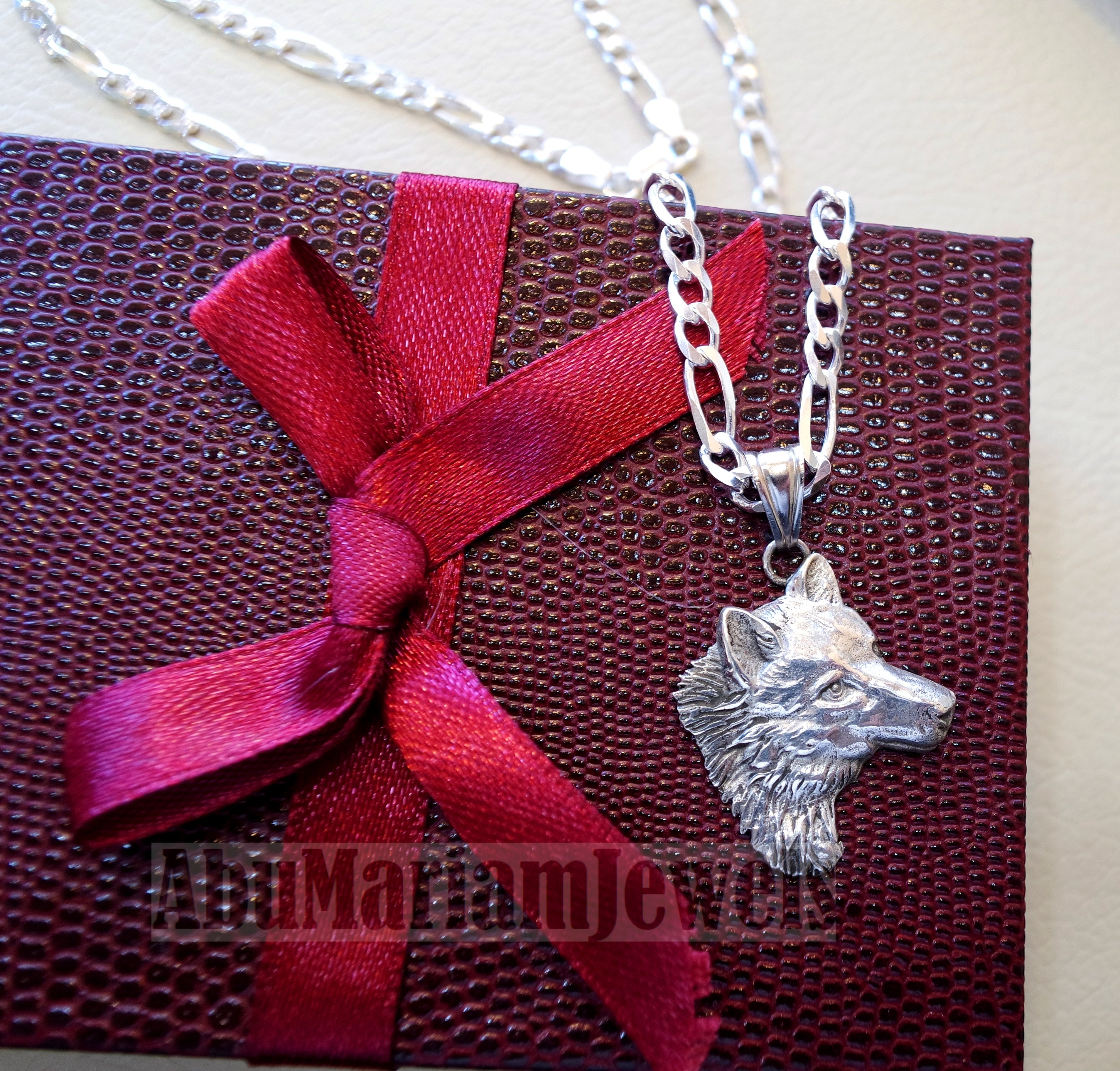 wolf , Husky dog sterling silver 925 pendant with thick figaro chain handmade animal head jewelry fast shipping detailed craftsmanship
