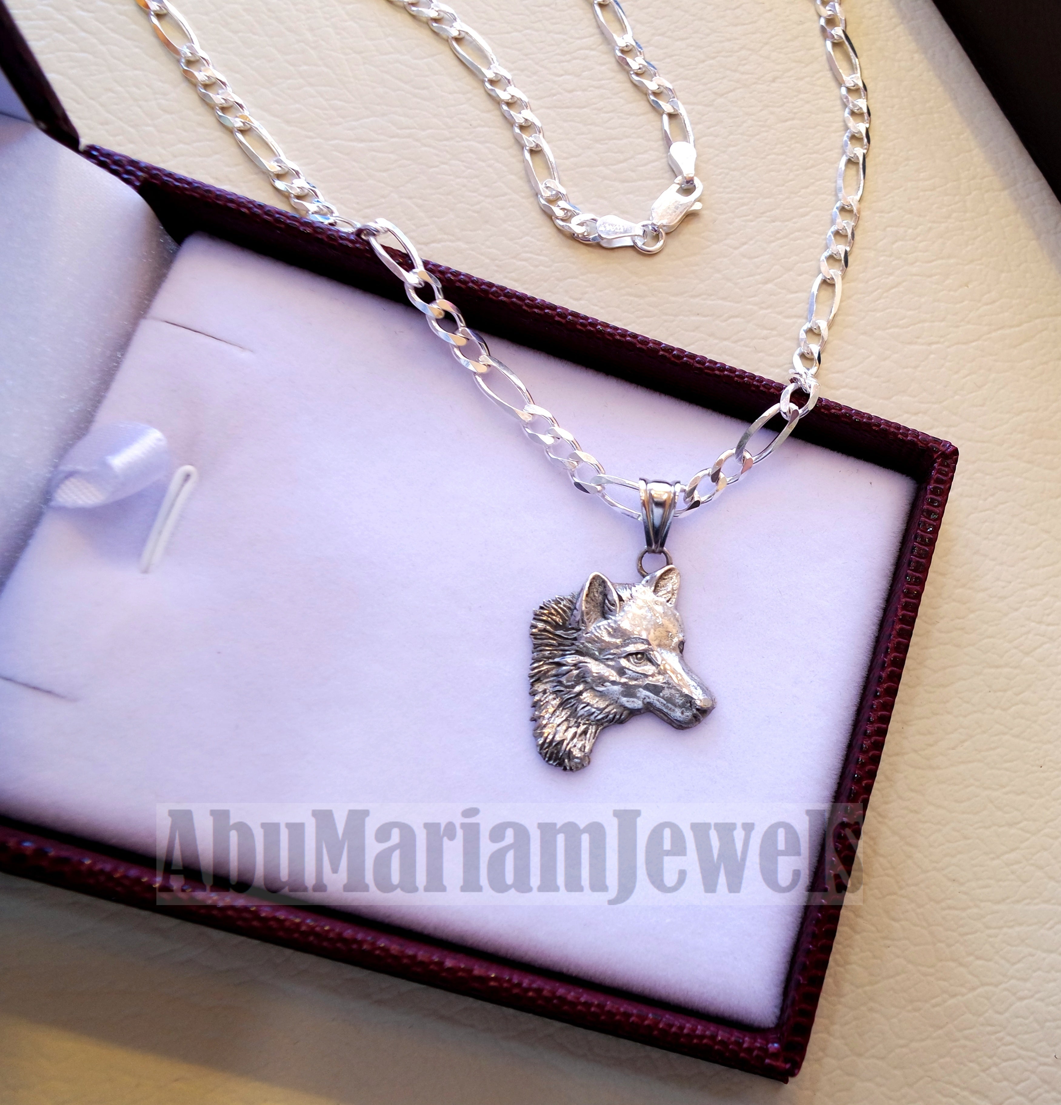wolf , Husky dog sterling silver 925 pendant with thick figaro chain handmade animal head jewelry fast shipping detailed craftsmanship