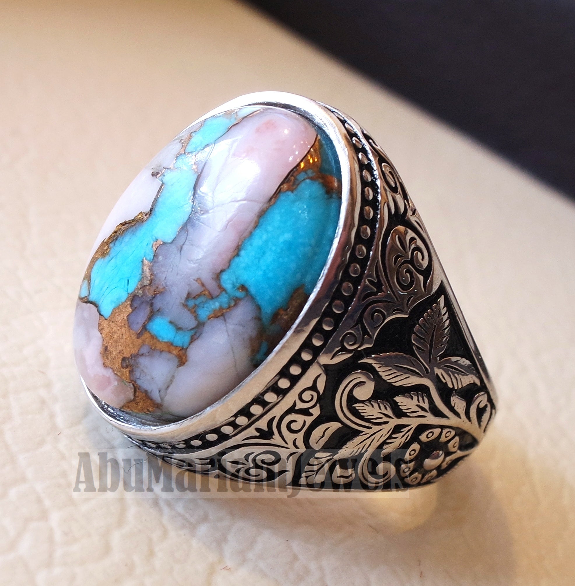 Copper pink Opal Turquoise blue natural stone ring sterling silver 925 men jewelry all sizes gem highest quality middle eastern style