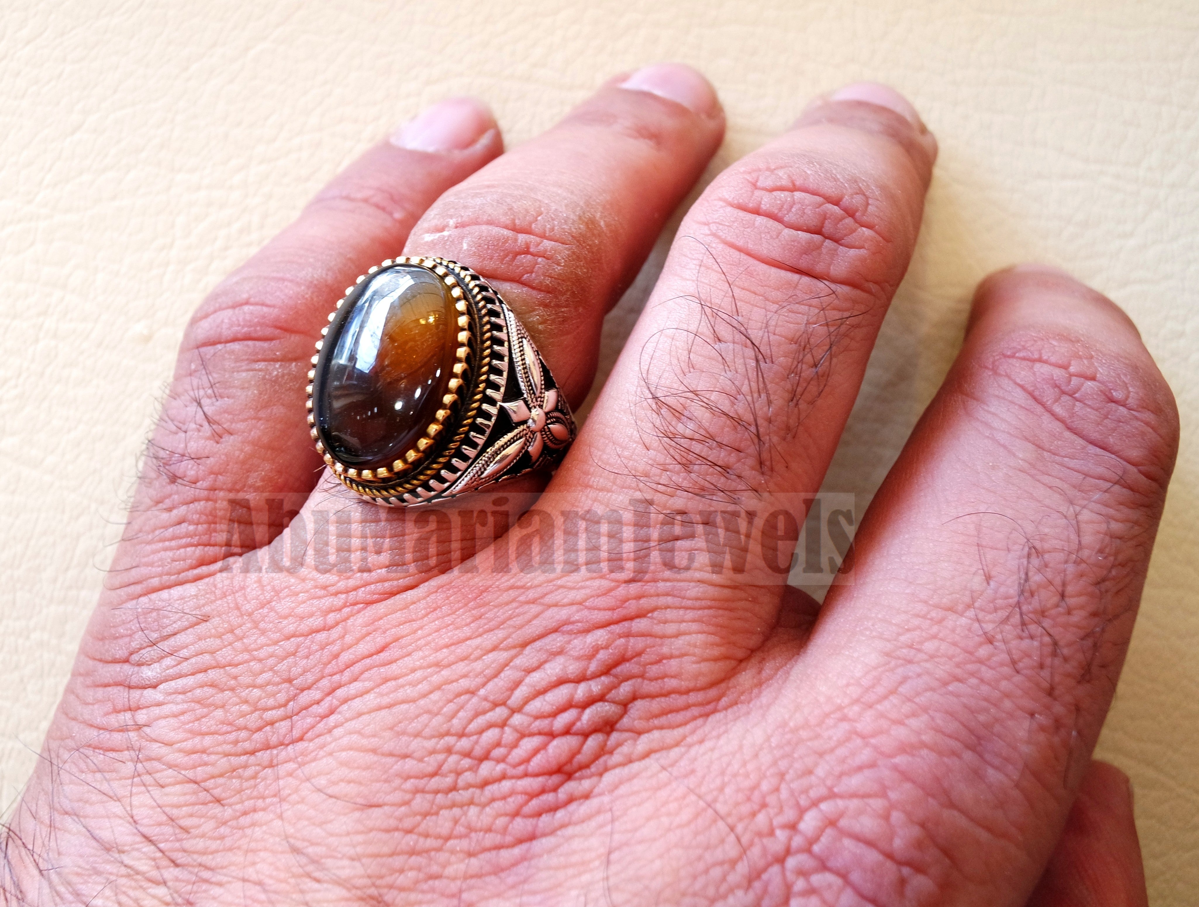 Oval yamani aqeeq natural semi precious multi color agate gem men ring sterling silver 925 and bronze jewelry all sizes  1011 عقيق يماني
