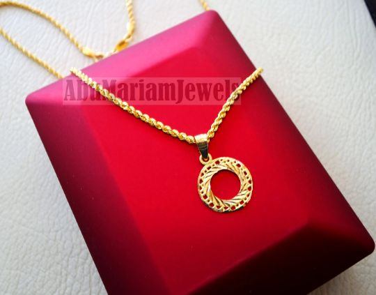 21K gold round pendant with rope chain gold jewelry 16 and 20 inches fast shipping with gift box valentine , Anniversary , birthday gift