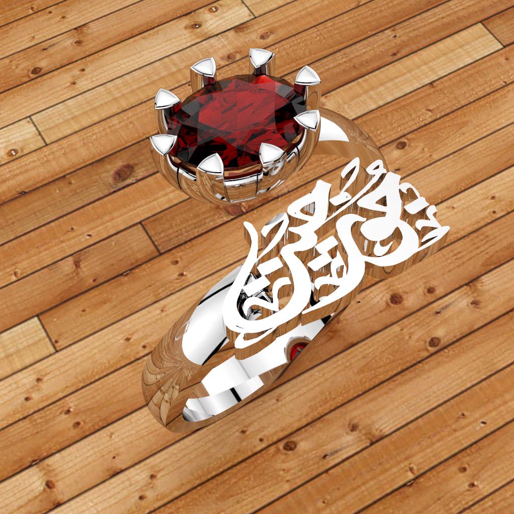 Arabic calligraphy customized 1 name sterling silver 925 or 18 k yellow gold ring and red synthetic corundum identical to genuine ruby S101