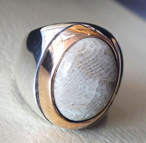 fossil coral brown natural stone semi precious huge man ring sterling silver and bronze all sizes antique ottoman middle east style jewelry