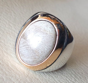 fossil coral brown natural stone semi precious huge man ring sterling silver and bronze all sizes antique ottoman middle east style jewelry
