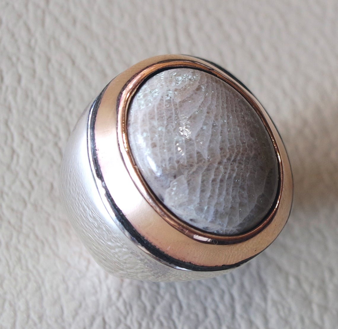 fossil coral brown natural stone semi precious huge man ring sterling silver and bronze all sizes antique ottoman middle east style jewelry