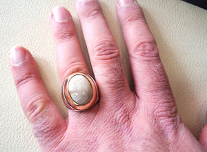 fossil coral brown natural stone semi precious huge man ring sterling silver and bronze all sizes antique ottoman middle east style jewelry