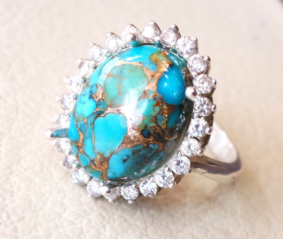 women ring copper blue turquoise entourage white cubic zircon sterling silver 925 all sizes high quality natural oval cabochon stone فيروز