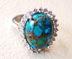 women ring copper blue turquoise entourage white cubic zircon sterling silver 925 all sizes high quality natural oval cabochon stone فيروز