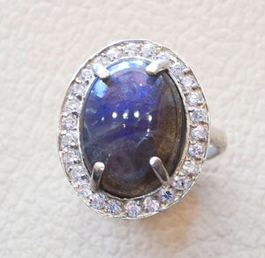 women ring flashy blue labradorite entourage white cubic zircon pave setting sterling silver 925 all sizes natural oval cabochon stone