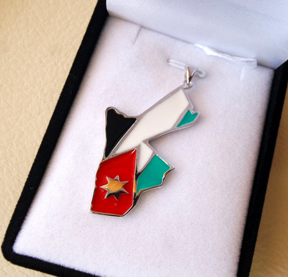 Kingdom of Jordan sterling silver map and flag enamel colors big pendant 925 k high quality arabic jewelry express shipping خارطة الاردن فضه