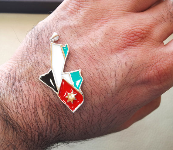 Kingdom of Jordan sterling silver map and flag enamel colors big pendant 925 k high quality arabic jewelry express shipping خارطة الاردن فضه