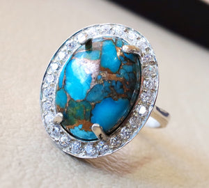 women ring copper blue turquoise entourage white cubic zircon pave setting sterling silver 925 all sizes natural oval cabochon stone فيروز