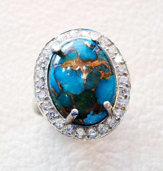 women ring copper blue turquoise entourage white cubic zircon pave setting sterling silver 925 all sizes natural oval cabochon stone فيروز