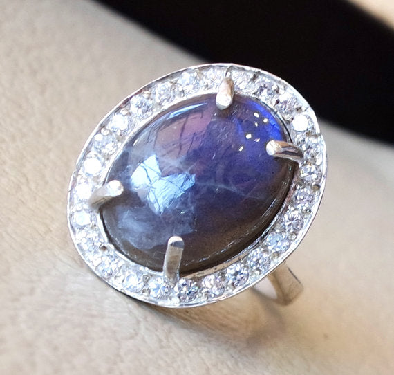 women ring flashy blue labradorite entourage white cubic zircon pave setting sterling silver 925 all sizes natural oval cabochon stone
