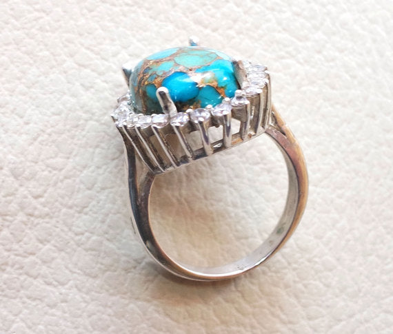 women ring copper blue turquoise entourage white cubic zircon sterling silver 925 all sizes high quality natural oval cabochon stone فيروز