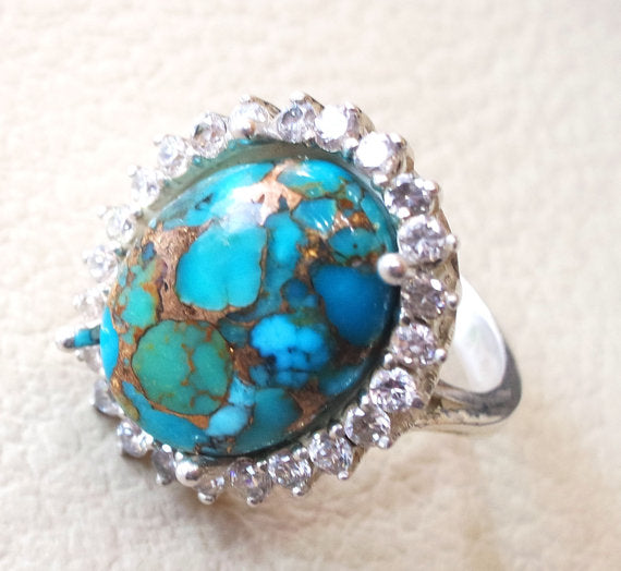 women ring copper blue turquoise entourage white cubic zircon sterling silver 925 all sizes high quality natural oval cabochon stone فيروز