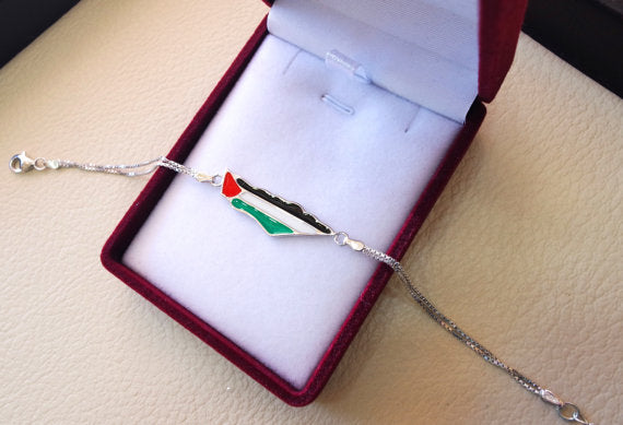 Palestine map & flag bracelet sterling silver 925 k fit all sizes double chain colorful enamel high quality jewelry اسواره خارطه وعلم فلسطين