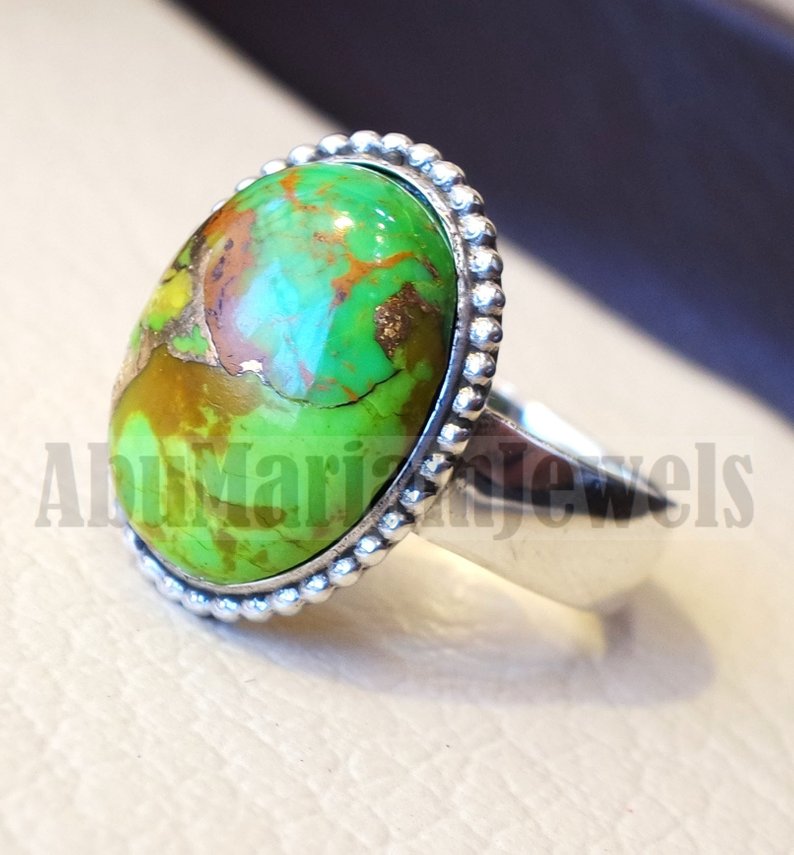 men or women ring copper green turquoise skin touching stone sterling silver 925 all sizes high quality natural oval cabochon stone فيروز