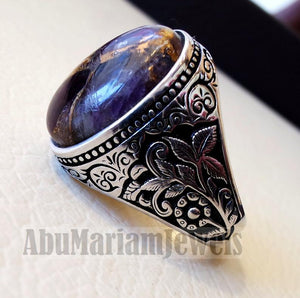 Copper amethyst man ring natural purple stone sterling silver 925 oval cabochon semi precious gem ottoman arabic style all sizes jewelry