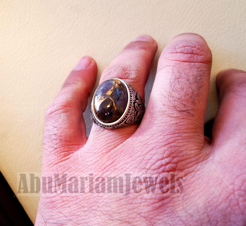 Copper amethyst man ring natural purple stone sterling silver 925 oval cabochon semi precious gem ottoman arabic style all sizes jewelry