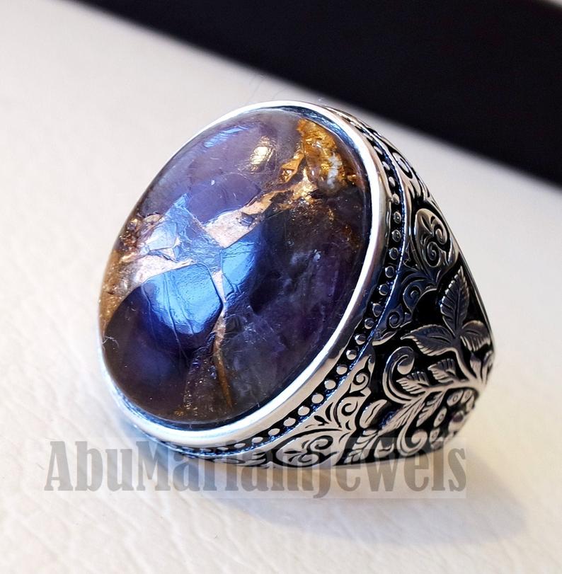 Copper amethyst man ring natural purple stone sterling silver 925 oval cabochon semi precious gem ottoman arabic style all sizes jewelry