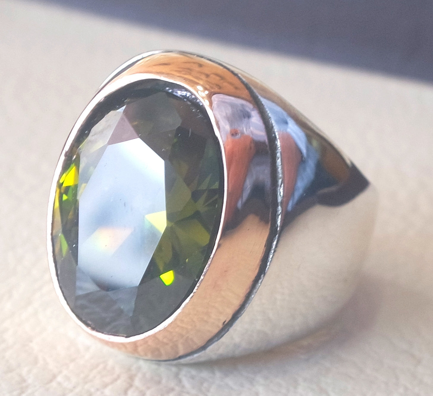 deep vivid olive fancy green cubic zircon oval huge stone high quality stone sterling silver 925 men ring and bronze frame all sizes jewelry