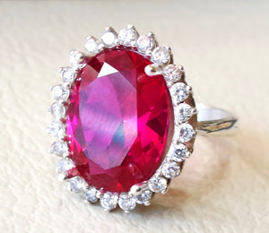 red corundum oval stone ring identical to genuine ruby classic cluster lady ring all sizes sterling silver 925 and white cubic zircon