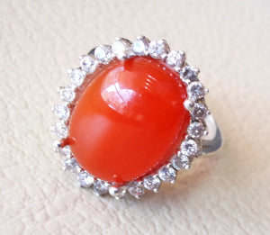 carnelian red aqeeq agate ladies ring red cabochon oval stone all sizes jewelry classic style sterling silver 925 white cubic zircon around