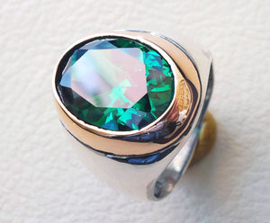deep vivid fancy green synthetic corundum oval huge stone high quality stone sterling silver 925 men ring and bronze frame all sizes jewelry