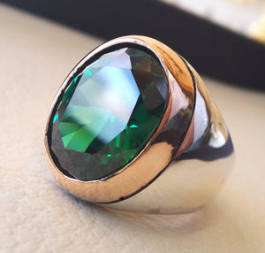 deep vivid fancy green synthetic corundum oval huge stone high quality stone sterling silver 925 men ring and bronze frame all sizes jewelry