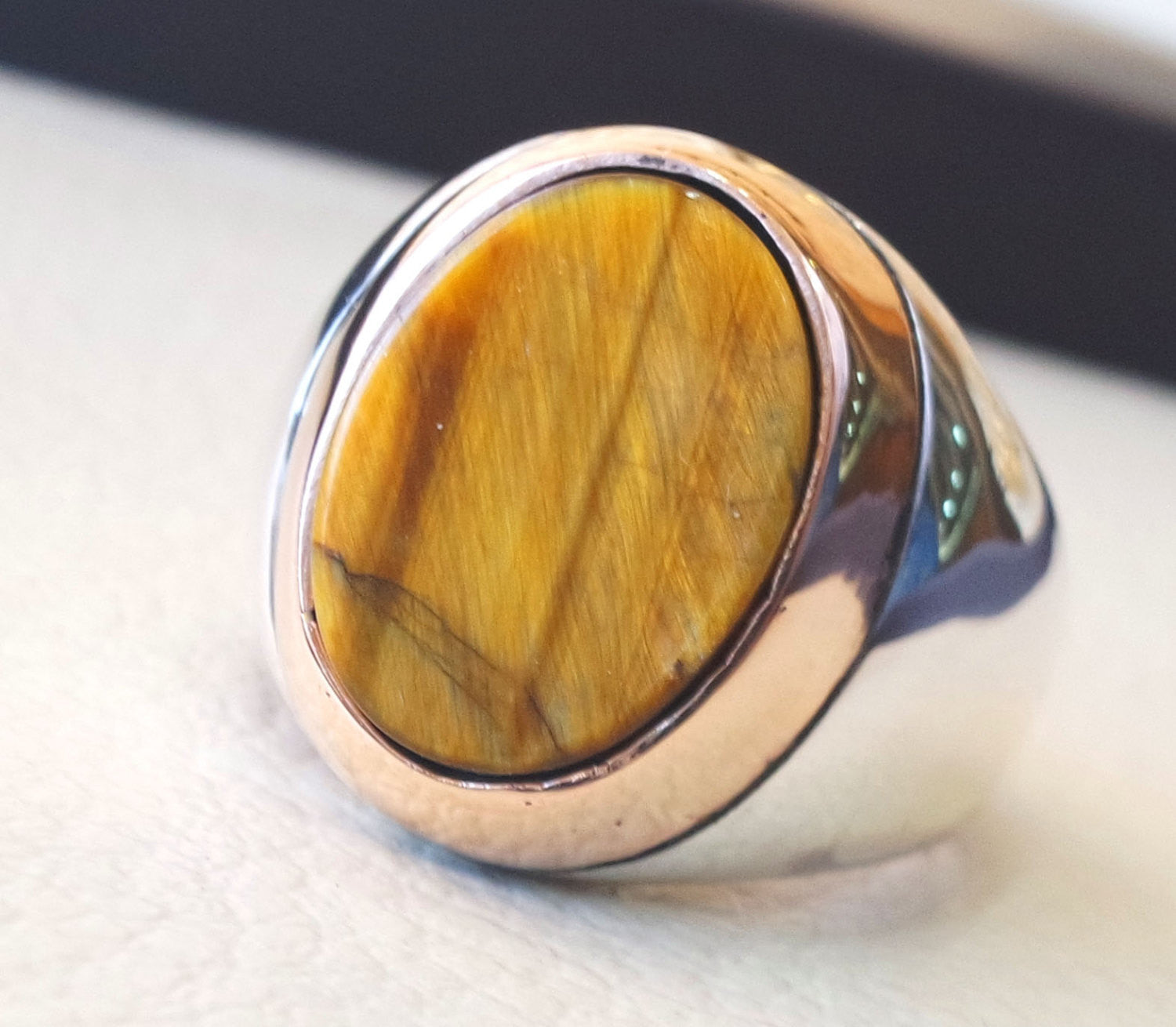 men ring tiger eye cat eye natural flat semi precious oval stone ottoman antique ottoman arabic style two tone sterling silver 925