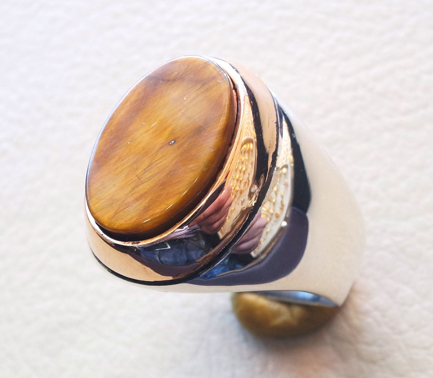 men ring tiger eye cat eye natural flat semi precious oval stone ottoman antique ottoman arabic style two tone sterling silver 925