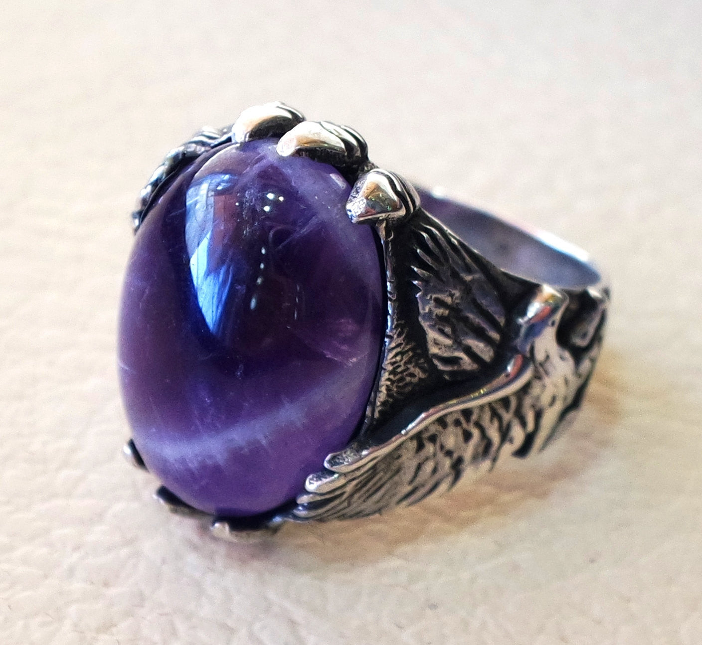 amethyst lace agate oval cabochon purple stone eagle sterling silver 925 men ring all sizes fast shipping oxidized antique classic jewelry
