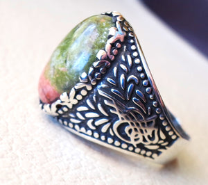 unakite natural multi color stone oval cabochon sterling silver 925 men ring high quality orange green pink semi precious jewelry ottoman
