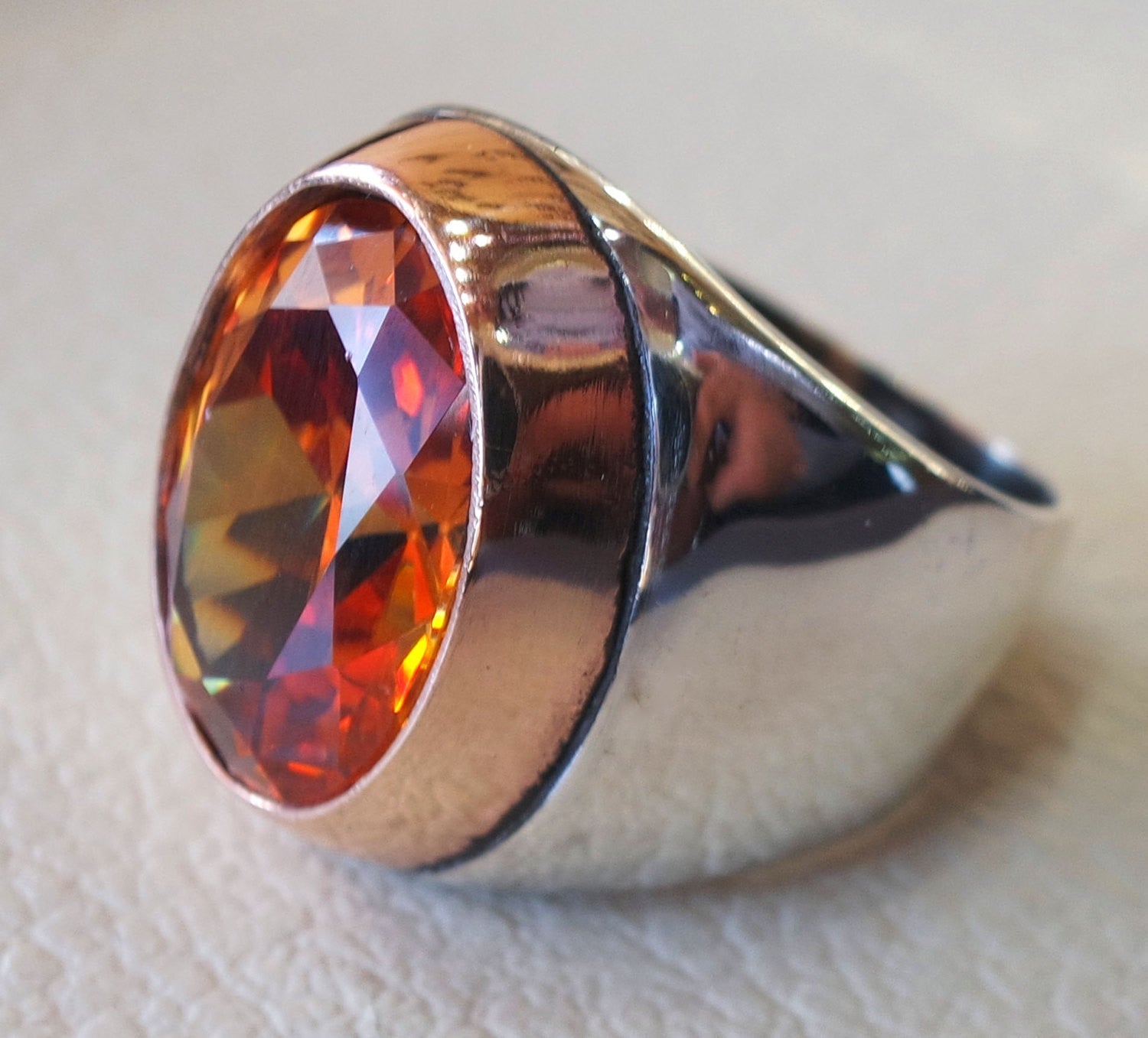 deep vivid fancy orange cubic zirconia oval huge stone highest quality stone sterling silver 925 men ring and bronze frame all sizes jewelry