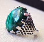 natural malachite man ring high quality green striped cabochon semi precious stone sterling silver 925  ottoman arab style heavy men jewelry