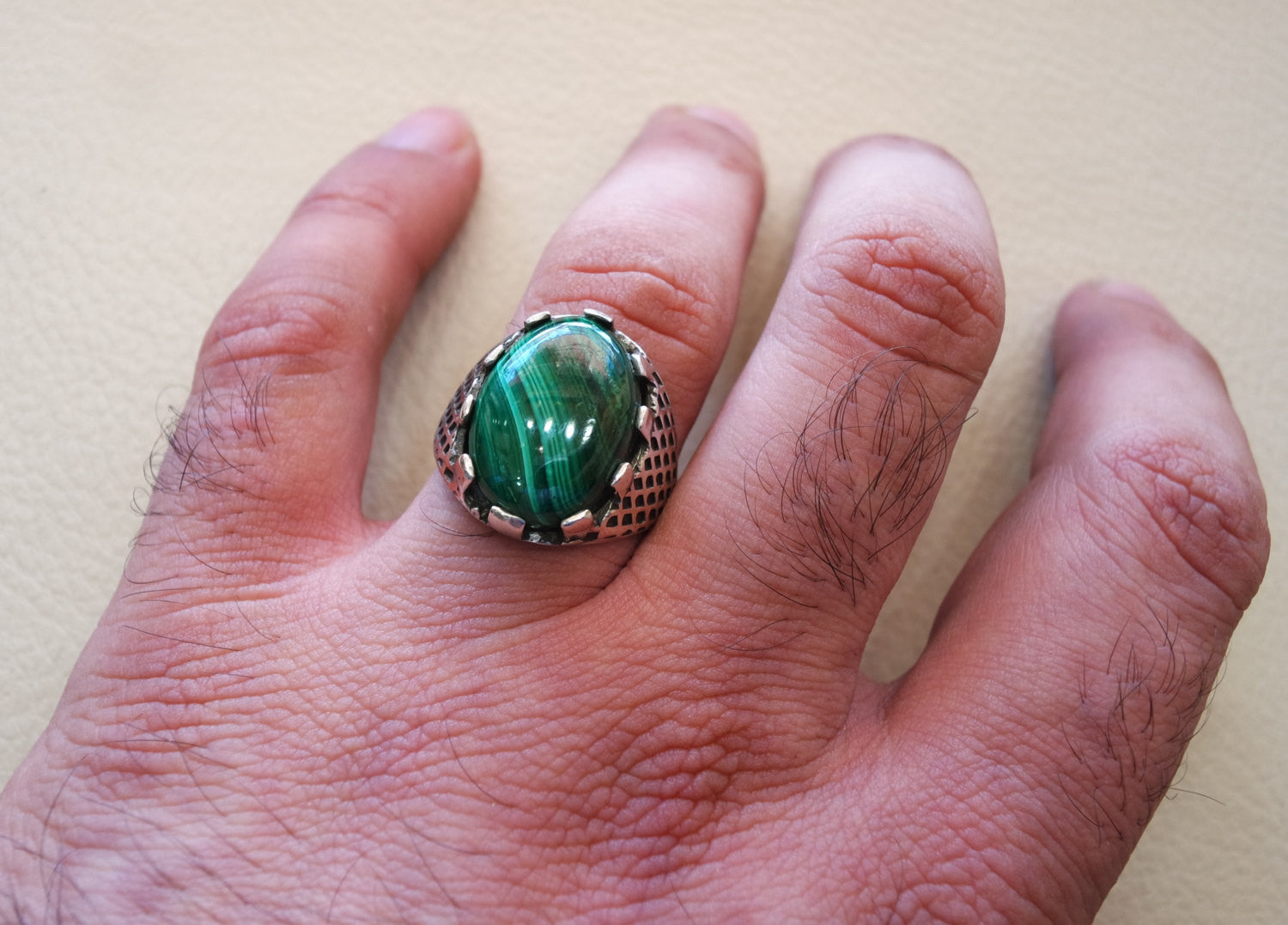natural malachite man ring high quality green striped cabochon semi precious stone sterling silver 925  ottoman arab style heavy men jewelry