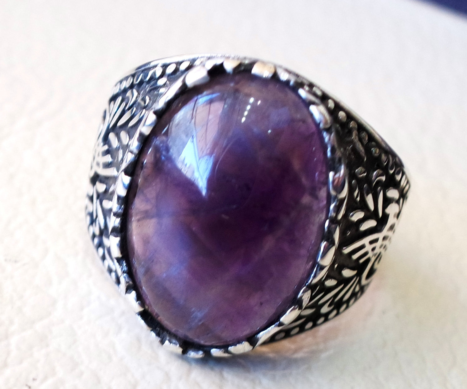 amethyst agate natural purple stone sterling silver 925 man ring vintage arabic turkish ottoman style jewelry oval  gem all sizes