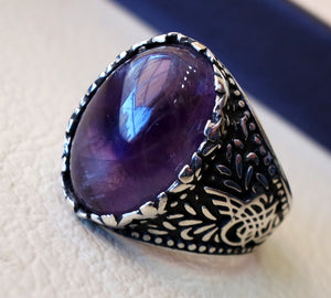 amethyst agate natural purple stone sterling silver 925 man ring vintage arabic turkish ottoman style jewelry oval  gem all sizes