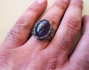 amethyst agate natural purple stone sterling silver 925 man ring vintage arabic turkish ottoman style jewelry oval  gem all sizes