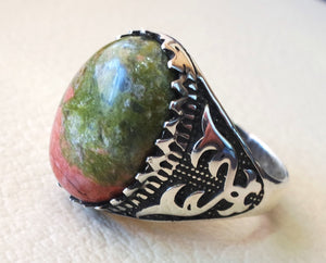 unakite natural multi color stone oval cabochon sterling silver 925 men carved ring high quality orange green pink semi precious jewelry