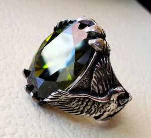 eagle falcon man ring sterling silver 925 oval vivid olive green cubic zircon stone all sizes jewelry gem identical to genuine high quality