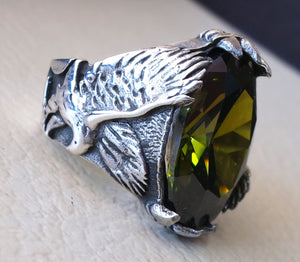eagle falcon man ring sterling silver 925 oval vivid olive green cubic zircon stone all sizes jewelry gem identical to genuine high quality