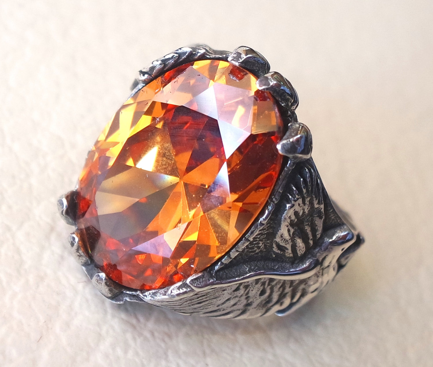 deep vivid fancy orange cubic zirconia oval stone highest quality stone sterling silver eagle 925 men ring  all sizes jewelry fast shipping