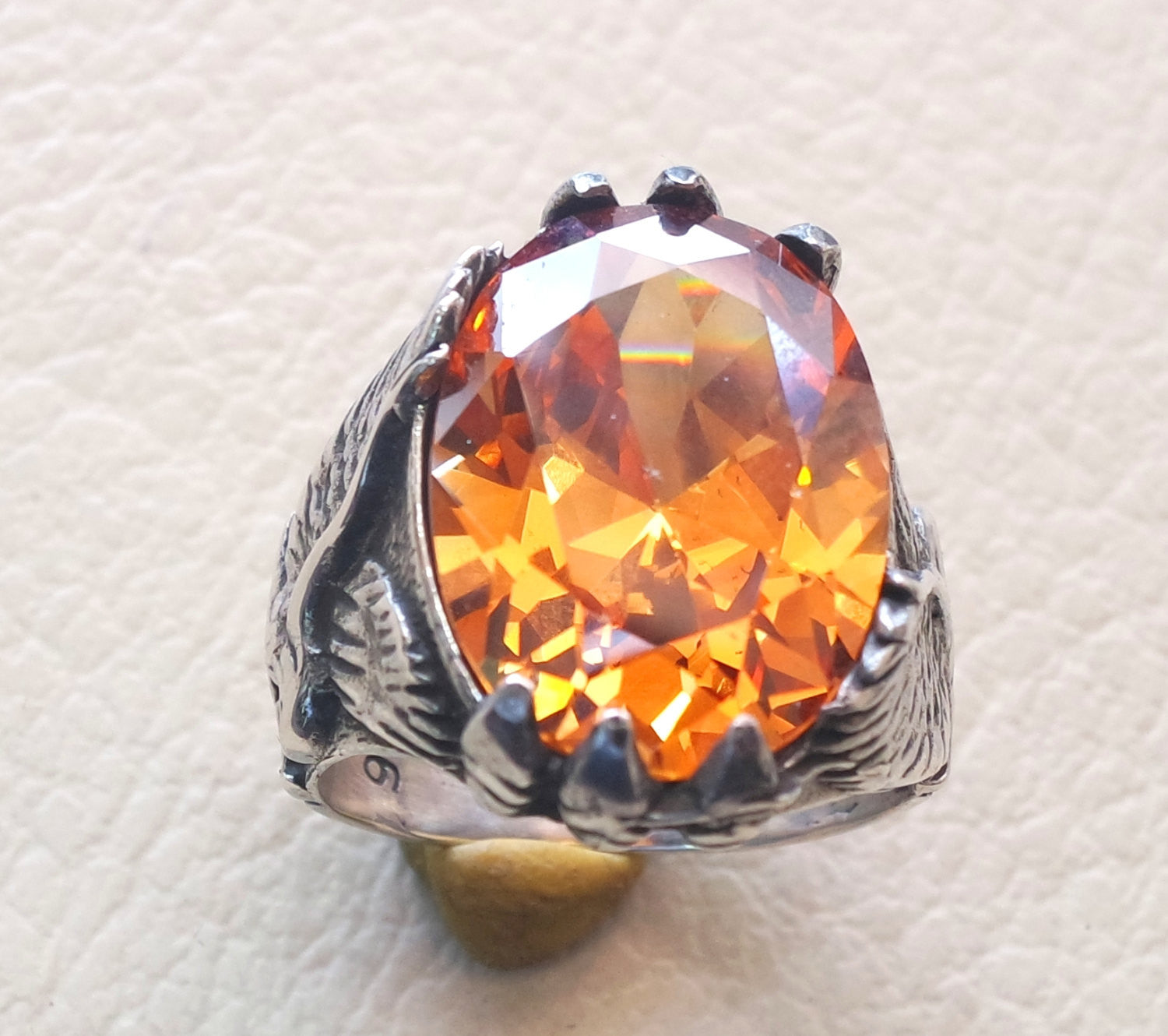 deep vivid fancy orange cubic zirconia oval stone highest quality stone sterling silver eagle 925 men ring  all sizes jewelry fast shipping